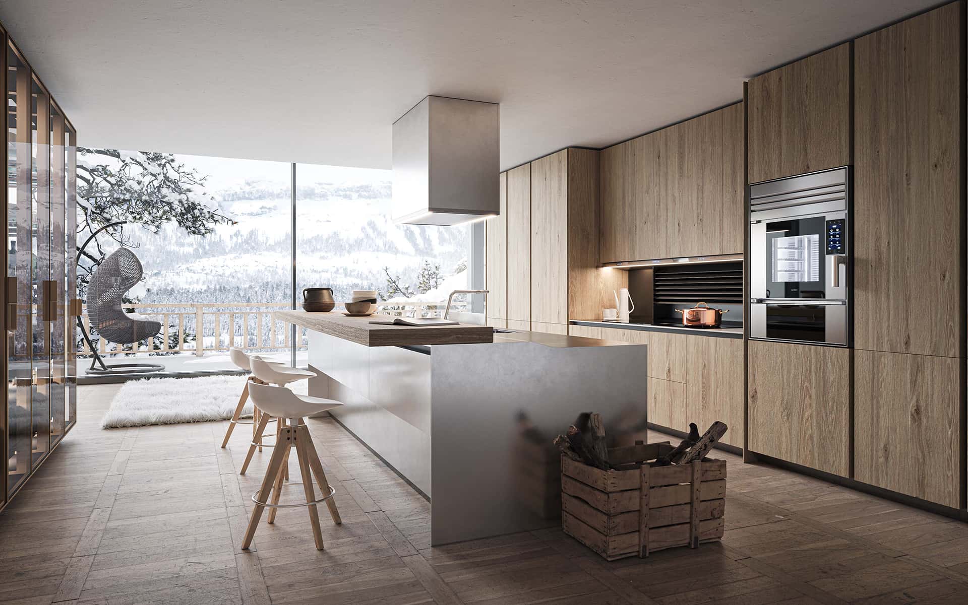 Unox Casa smart oven in a mountain chalet's luxury kitchen in Cortina D'Ampezzo