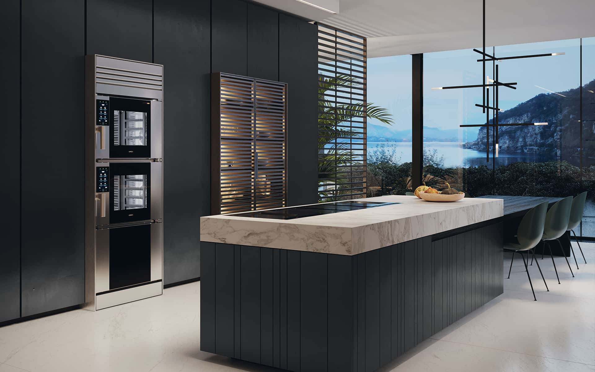 SuperOven Model 1S luxury oven by Unox Casa inserted in a elegant kitchen overlooking Lake Maggiore