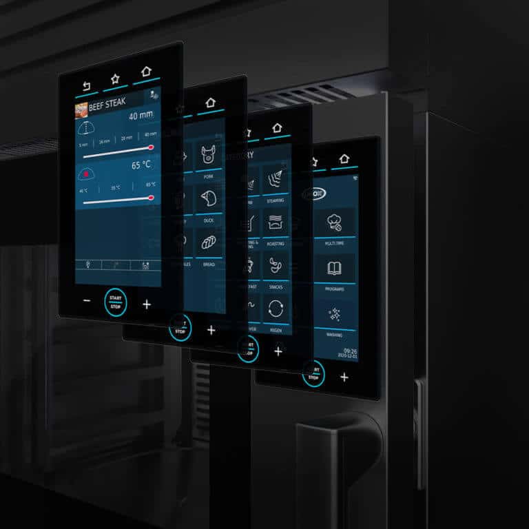 Digital control panel of Unox Casa's smart ovens featuring the multi.time function
